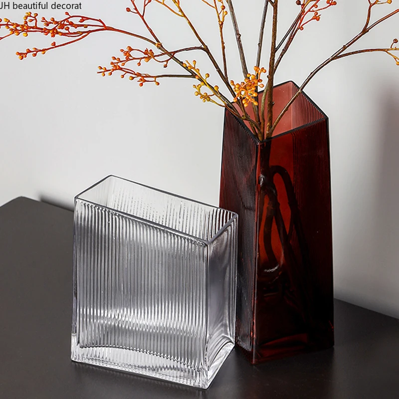 

Glass Transparent Vase Modern Vertical Pattern Glass Bottle Dried Flower Flower Arrangement Accessories Home Decoration Modern