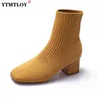 Зимние новые облегающие эластичные женские чулки на высоком каблуке, шерстяные вязаные носки, ботильоны на толстом каблуке, женская обувь