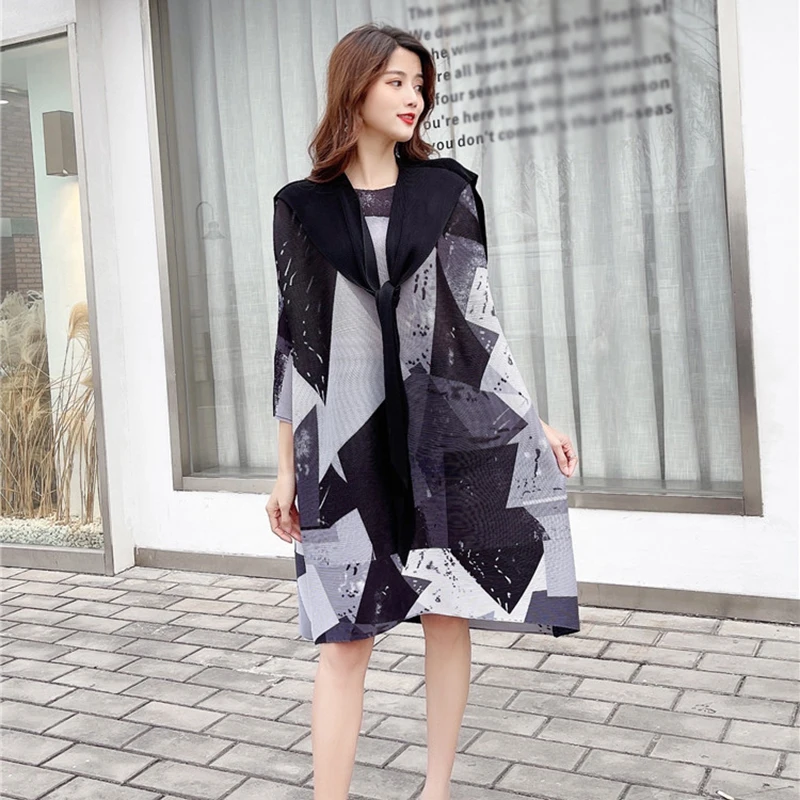 

CHICEVER Orange Geometric Dress For Women O Neck Long Sleeve Print Hit Color Loose Designer Dresses Female 2021 Spring Clothes