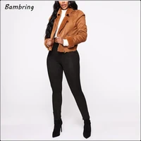 2020 winter suede leather women pencil pants black high waist elastic autumn casual seamless leggings zipper trousers new custom