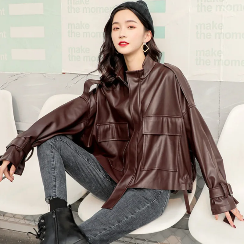 LANMREM 2020 Весенняя Новая модная однотонная свободная кожаная куртка со стоячим