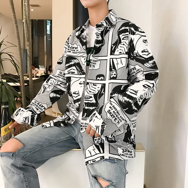 Mens Shirts High Street Harajuku Style Japanese Comic Pattern Long-sleeved Shirt for Male and Female Gotinc Style Loose Shirt