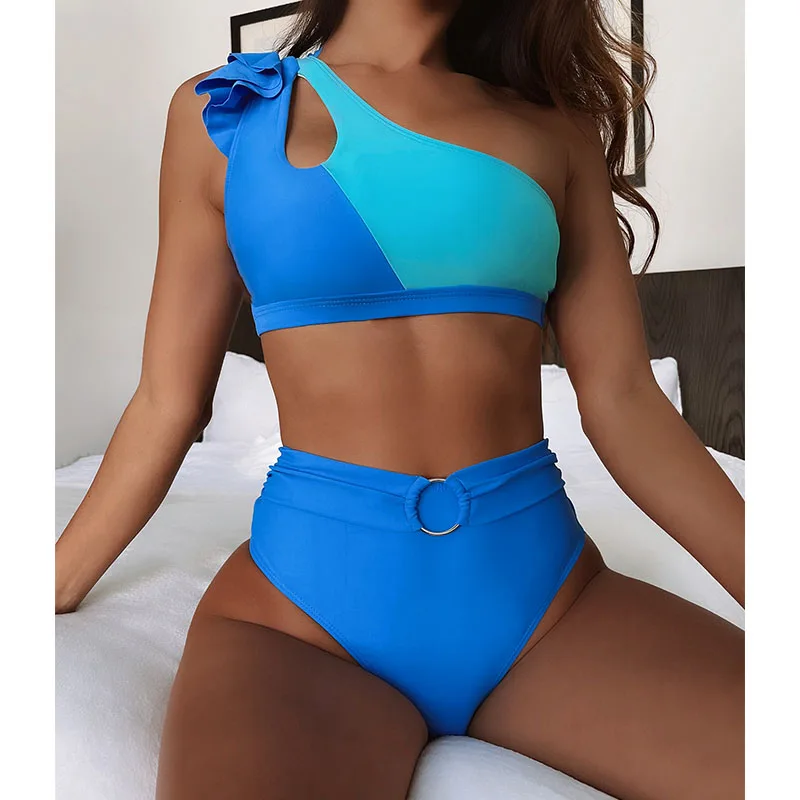 

Bikini Set Swimwear Women Stitching Blue Swimsuit High Waist Bikinis Bathing Suit Female Two Piece Brazilian Beachwear Biquini
