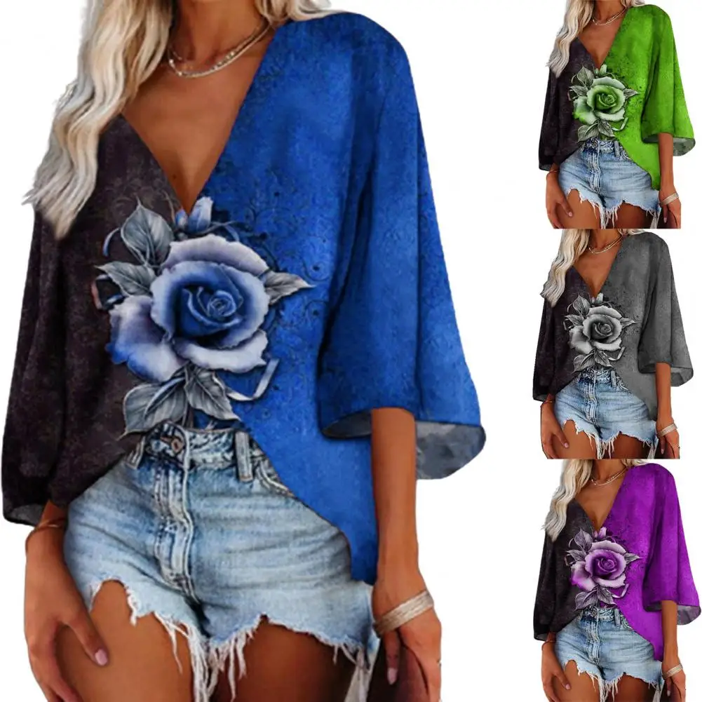 

Autumn Woman Tshirts Rose Print Loose 3/4 Flare Sleeve T shirt for Women Casual V Neck Tee Tops femme t-shirts mujer camisetas