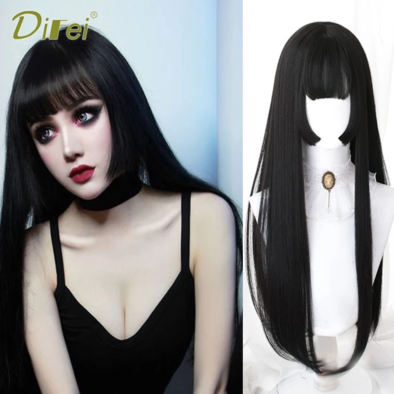 DIFEI Synthetic Long Straight Hair Lolita Wig With Bangs Wig Woman Cosplay Wigs Daily Party Heat Resistant Hairpiece