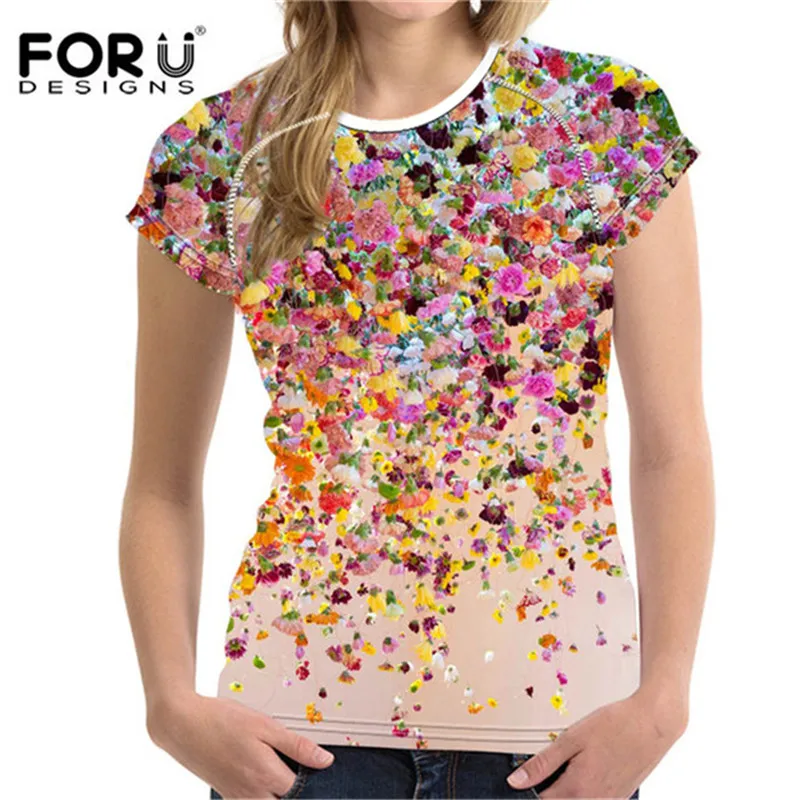 FORUDESIGNS/для женщин 3D Футболка цветочный принт топы с короткими рукавами Повседневная рубашка для дам эластичный тонкий мягкий бодибилдинг одежда