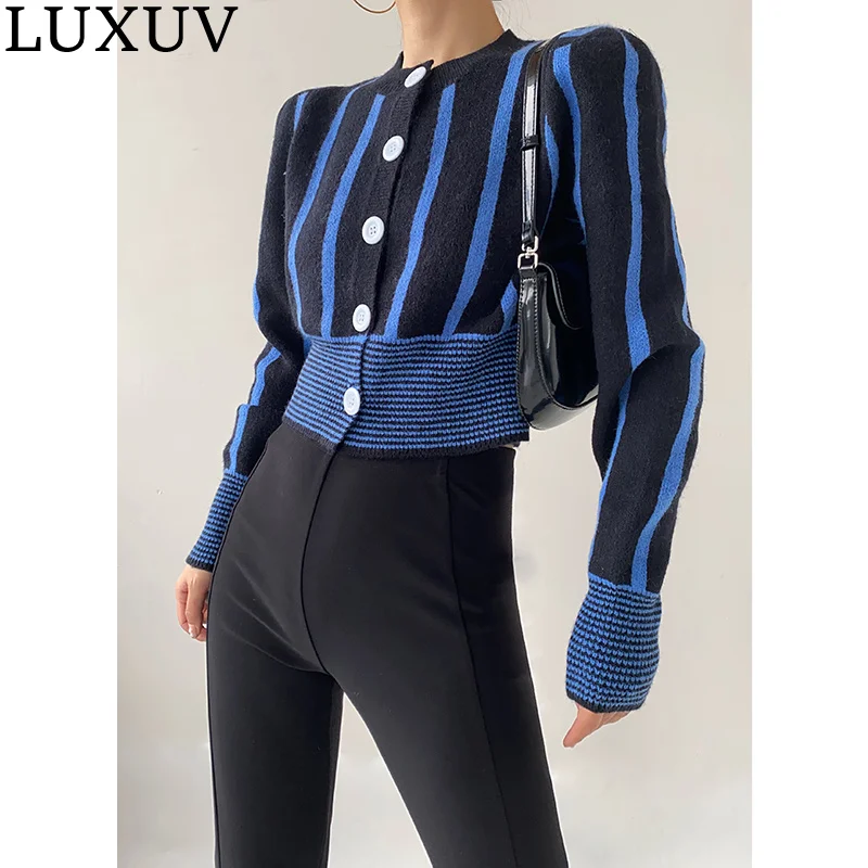 LUXUV Women's Bold Shade Fashion Cardigan Crop Tops Sweatshirt Knitted Coat Sweater With Throat Long Sleeve Blend Jersey Casual