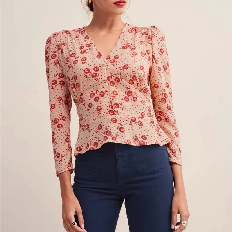 

New Women Flower Print Long Sleeve Shirt V-Neck Sweet Single-Breasted Slim Fit Blouse and Top
