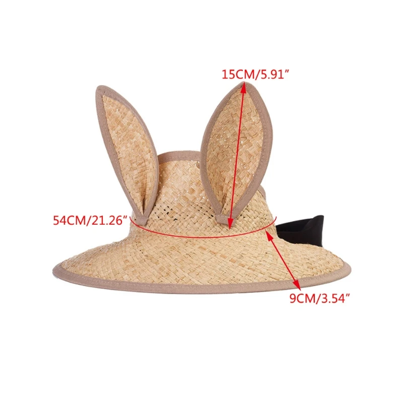 

Straw-Woven Sunhat Visor Summer Sun Protection UV Radiation Bunny Ears Decoration with Adjustable Strap