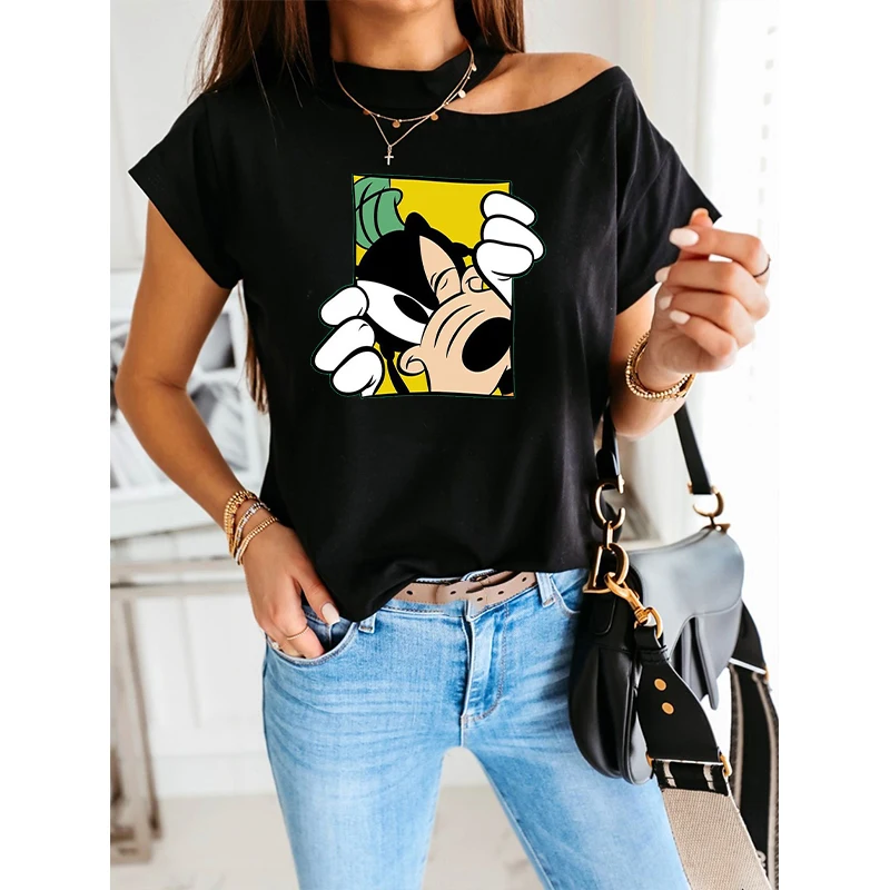 

Disney Carttoon Off Shoulder Tshirt Goofy Short Sleeve O Neck Tshirts Halter Summer Casual Women's T-Shirts Tops Office Lady Tee