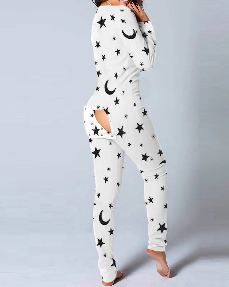2020 Women Fashion Elegant Casual Star Moon Print Functional Buttoned Flap Adults Pajamas