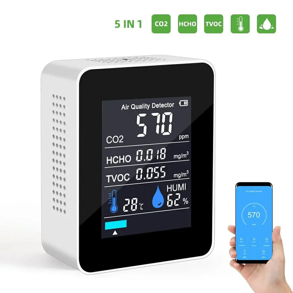 

С Bluetooth-совместимым 5 в 1 измерителем CO2, цифровой датчик температуры и влажности, тестер, монитор качества воздуха, детектор углекислого газа