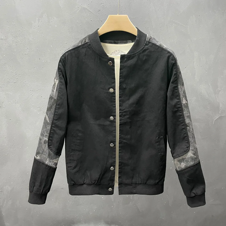 

2021 Spring and Autumn New Men's Jacket Slim Trend Camouflage Stitching Round Neck Buttoned Casual Top Male Jacket