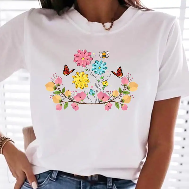 

Футболка женская с коротким рукавом и графическим принтом, милая мультяшная одежда с цветочным принтом и бабочкой, весна-лето