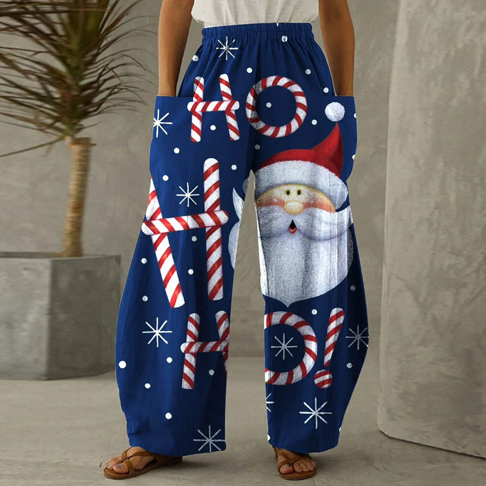 

Women Casual Loose Christmas Printed Long Pants Autumn Winter Lace-Up Wide Leg Pants Housewear Elastic High Waist Trousers Femme