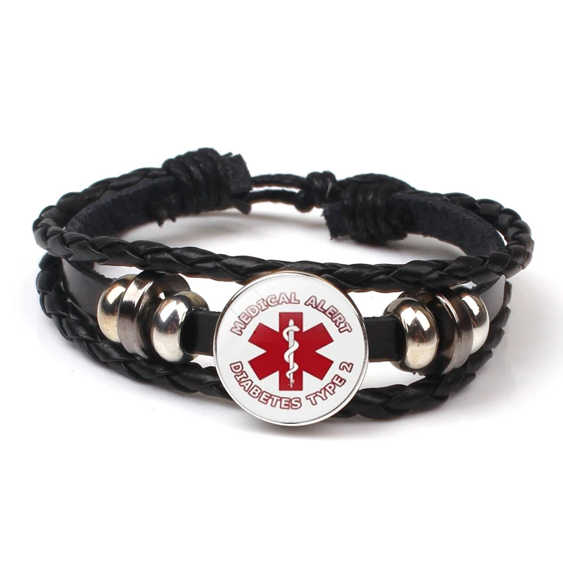 

New Diabetes Emergency Medical Warning Bracelet Jewelry Black Leather Bracelet Doctor Patient Logo Men and Women Gift Accessorie