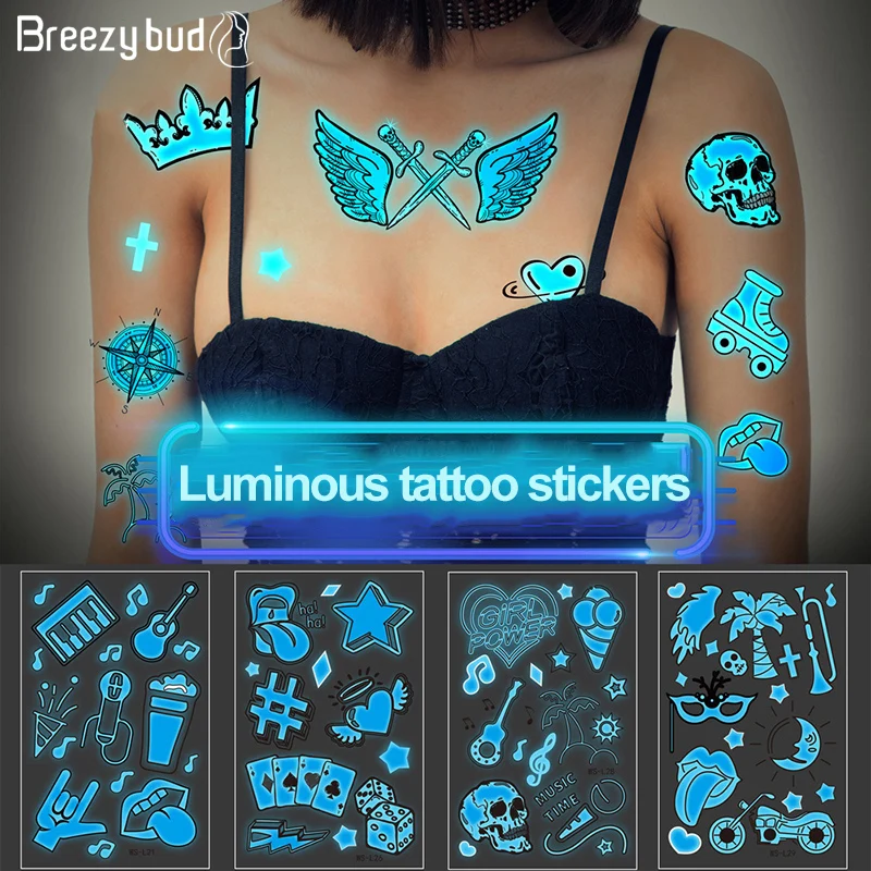 Синяя светящаяся Временная тату-наклейка для бара музыкального фестиваля