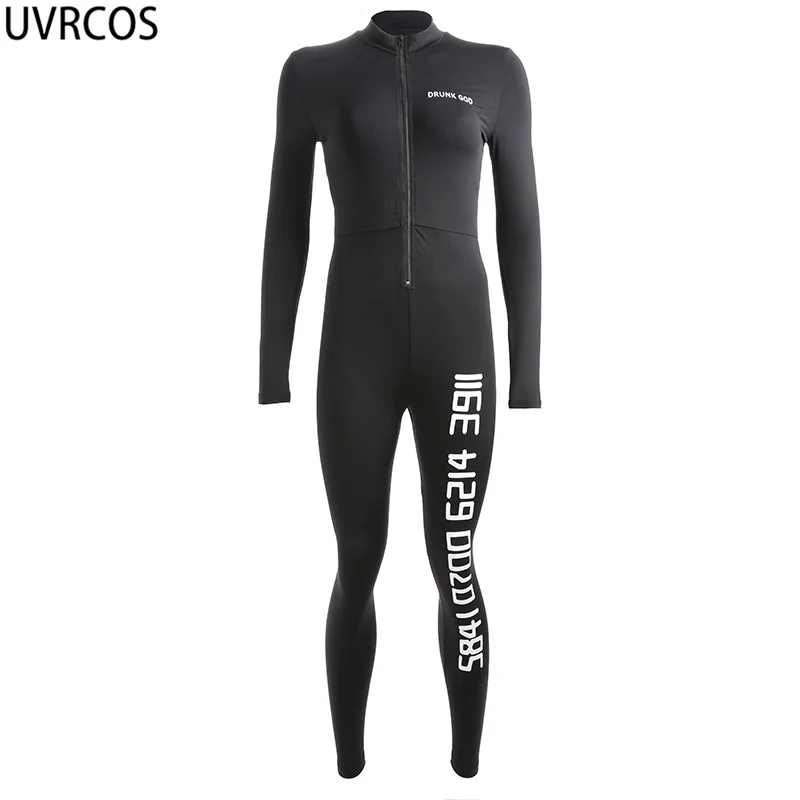

UVRCOS Suit Women Sport 2021 Long Sleeve Jumpsuit Slim Fitness Overalls For Female Number Printed Chest Zipper Casual Sportwear