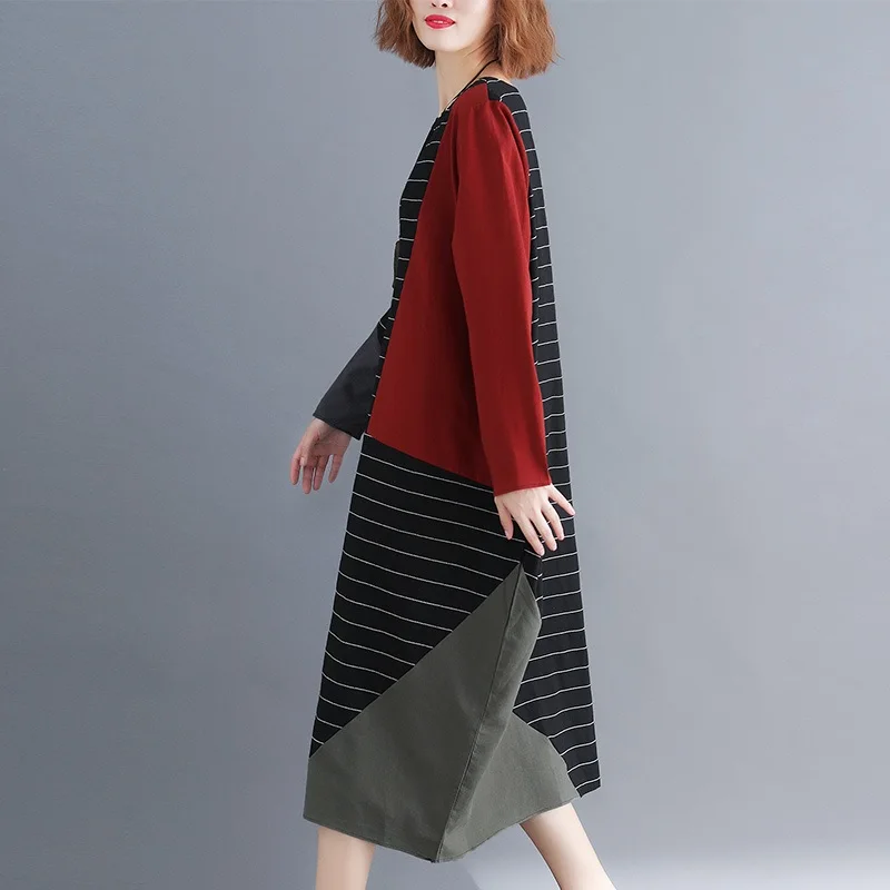 Женское винтажное платье в полоску размера плюс с длинным рукавом из хлопка и