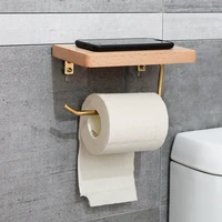 free punch wood wall mount tissue storage bracket roll paper shelf mobile phone bracket bathroom organizer accessories