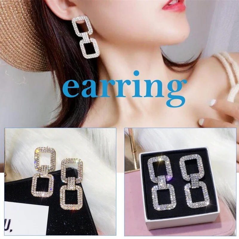 

Vintage Full Diamond Geometric Rectangular Long Earrings for Women Earring Birthday Present Party Jewelry