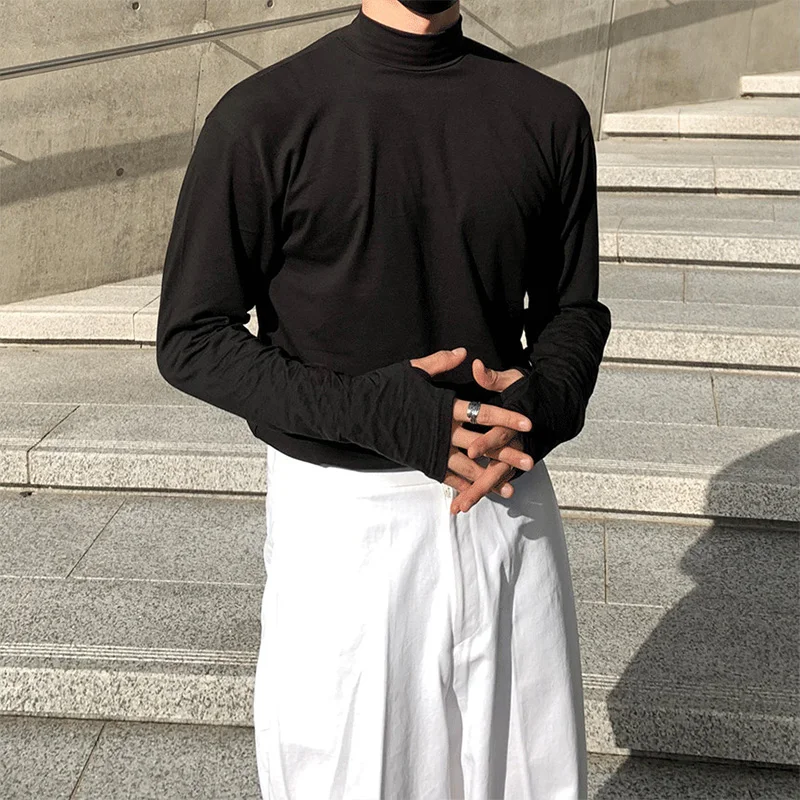 

Мужская свободная рубашка с высоким воротником, универсальная Однотонная футболка с длинными рукавами, подчеркивающая индивидуальность, осень 2021