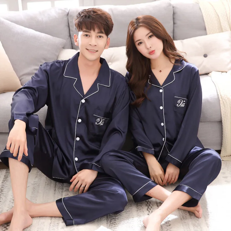 Satin Silk Sexy Womens Pajamas Set For Mens Kimono Pajama Cozy Soft Long Sleeve Sleepwear Nightgown Couples Pyjamas Home Clothes