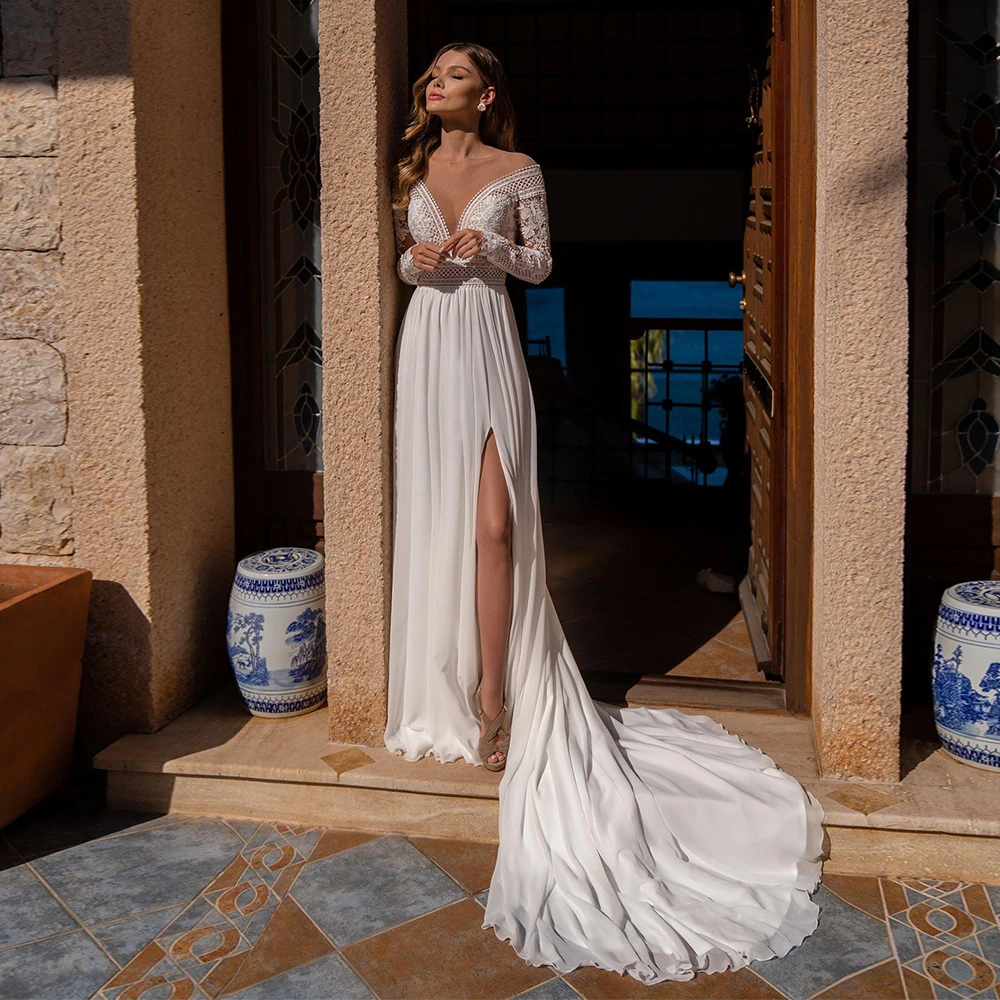 

Sexy Bohemian Wedding Dress Long Sleeves Sheer Scoop Neck Sweep Train Lace Bride Gown Chiffon Slit Bridal Dresses