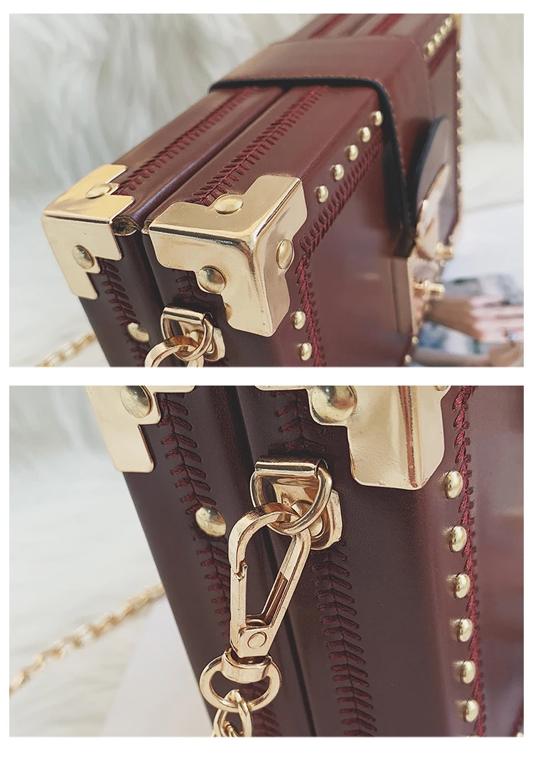 Fashion Vintage Rivet Designer Bag Box Style Buckle PU Women Clutch Bag Chain Purse Shoulder Bag Crossbody Small Flap Handbag