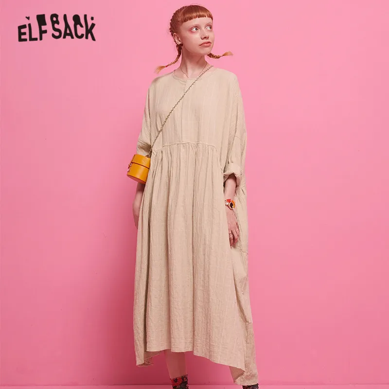 ELFSACK, разноцветное клетчатое Повседневное платье для женщин, осень, длинные платья с рукавом три четверти
