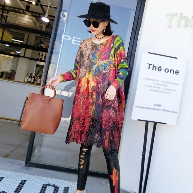 Модное винтажное лоскутное кружевное женское платье с длинным рукавом свободное