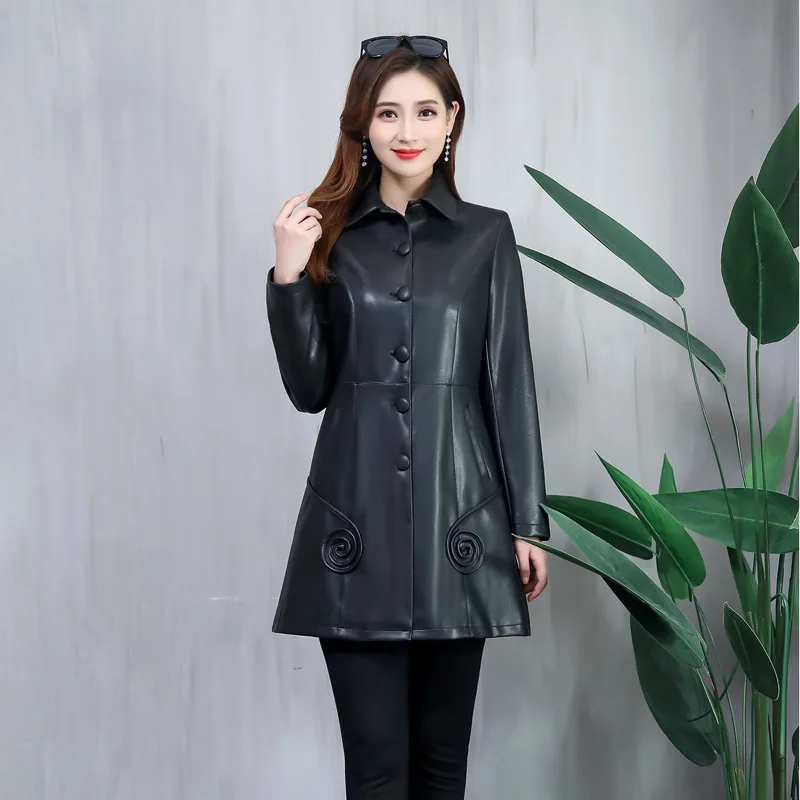 

Новинка 2020, осенне-зимняя длинная Корейская женская куртка с узором в виде роз, кожаная куртка для дам