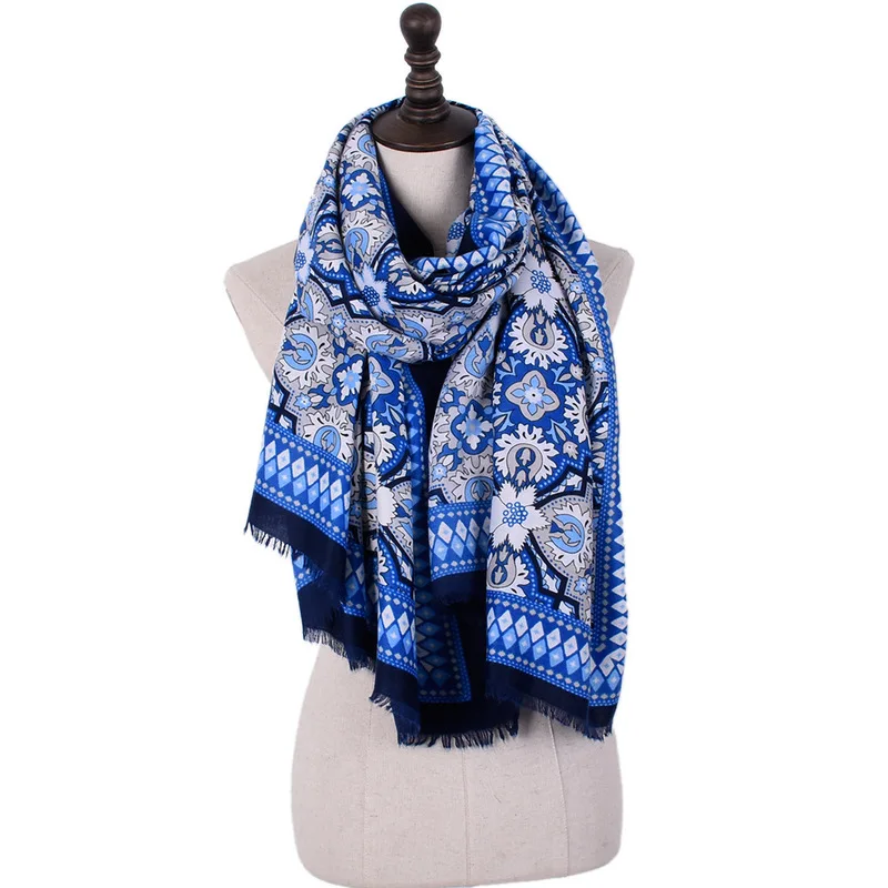 Трансграничные НОВЫЕ геометрические повесить шарф женский Национальный Синий