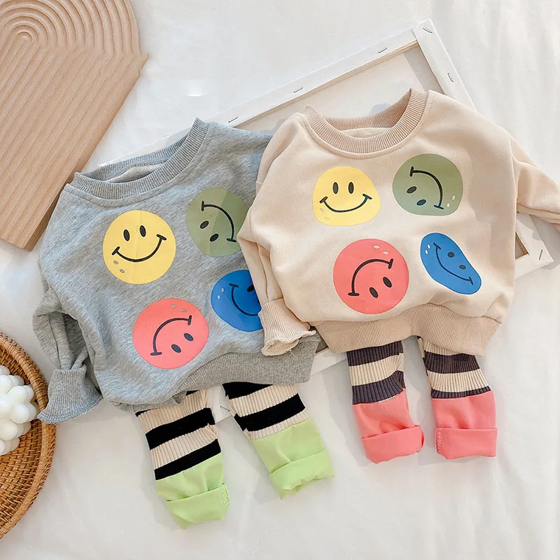 

2021 Autumn New Kids Clothing Set Cartoon O-Neck Long Sleeve Smile Blouse And Loose Pants 2 Pcs Suit