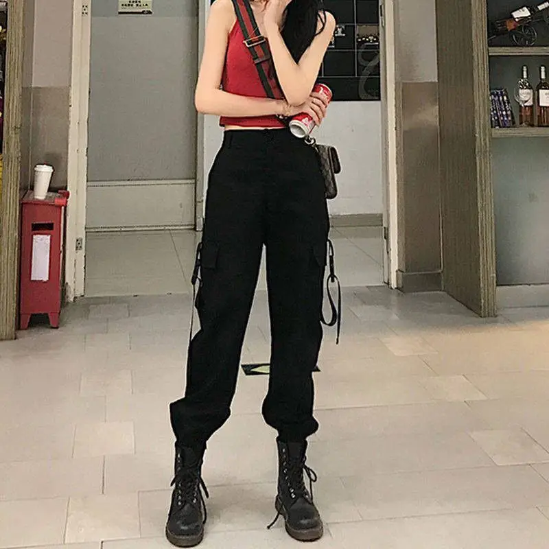 

2020 Ins Cargo Pants Women loose pants, Korean Preppy Style Harun legged sports casual pants, hip hop High waisted trousers