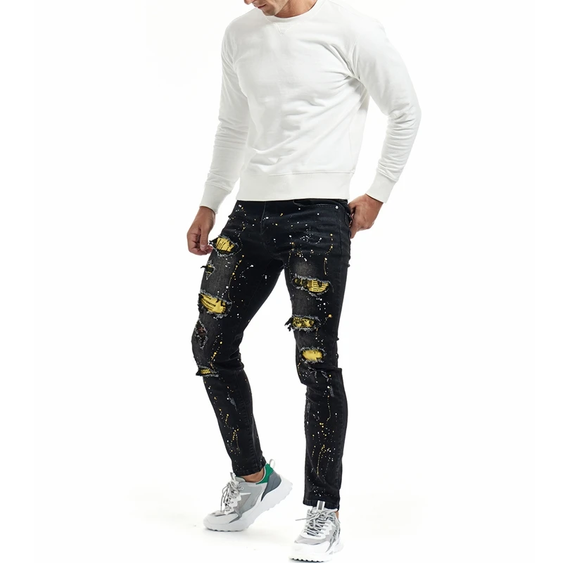 

Men Jeans Pants Autumn Winter Paint Print with Ripped Stitching Jeans Vintage Mid-Waist Slim Denim Pencil Pants Jeans for Men