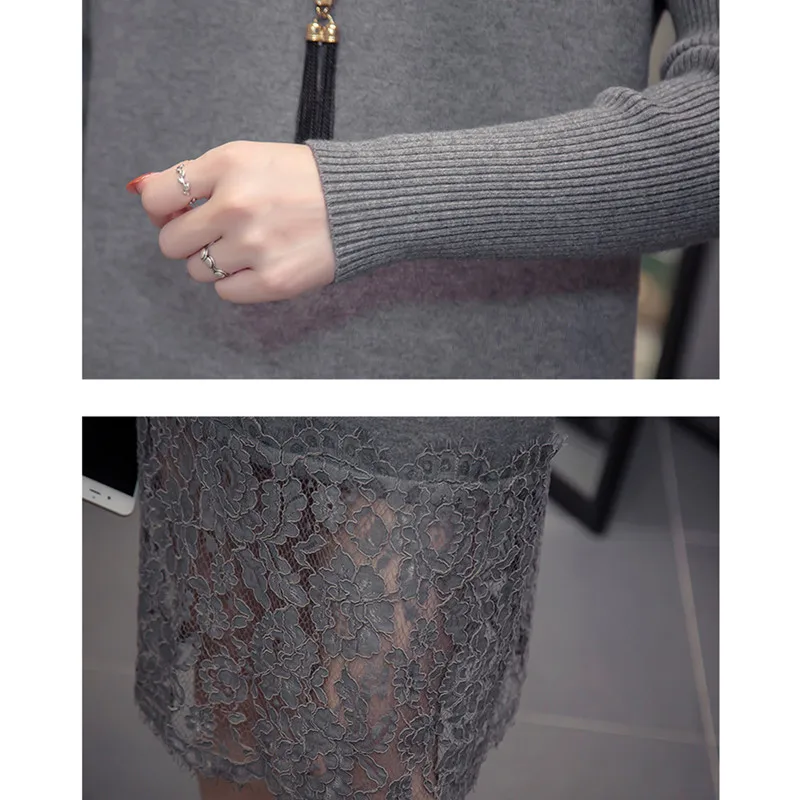 

Plus Size Lace Patchwork Pullover Knitted Dress Oversize Sweater 2021 New Autumn Winter Fashion Long Sleeve Clothing Female Top