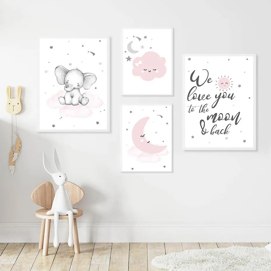 

Abstract Elephant Art Print Pink Sun Moon Cloud Star Canvas Painting Quotes Wall Art Poster Nordic Pictures Living Room Decor