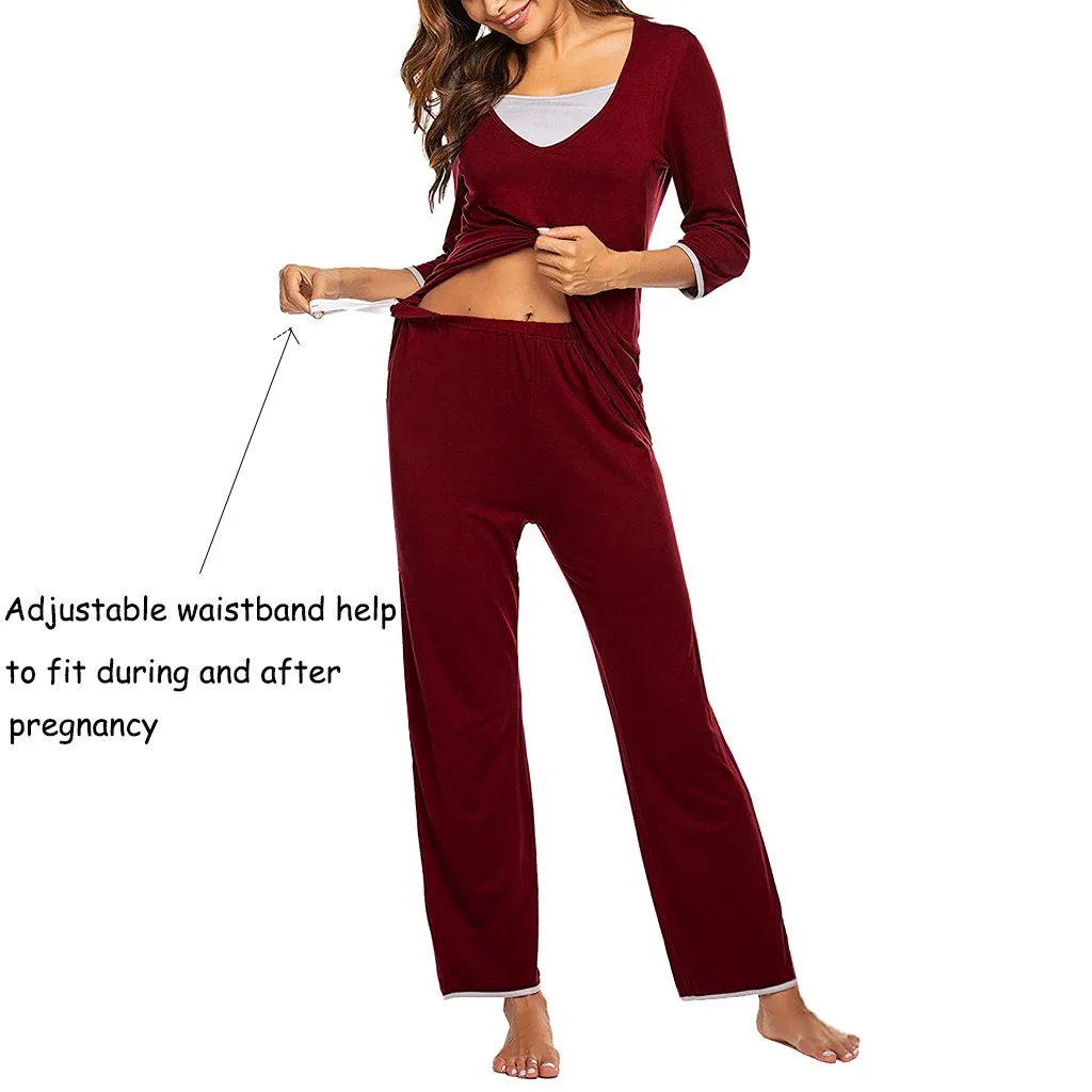 

2021 Fashion Women Maternity 3/4 Long Sleeve Nursing Baby T-shirt Tops+pants Pajamas Set Suit Maternity Night Pijama Embarazo #3