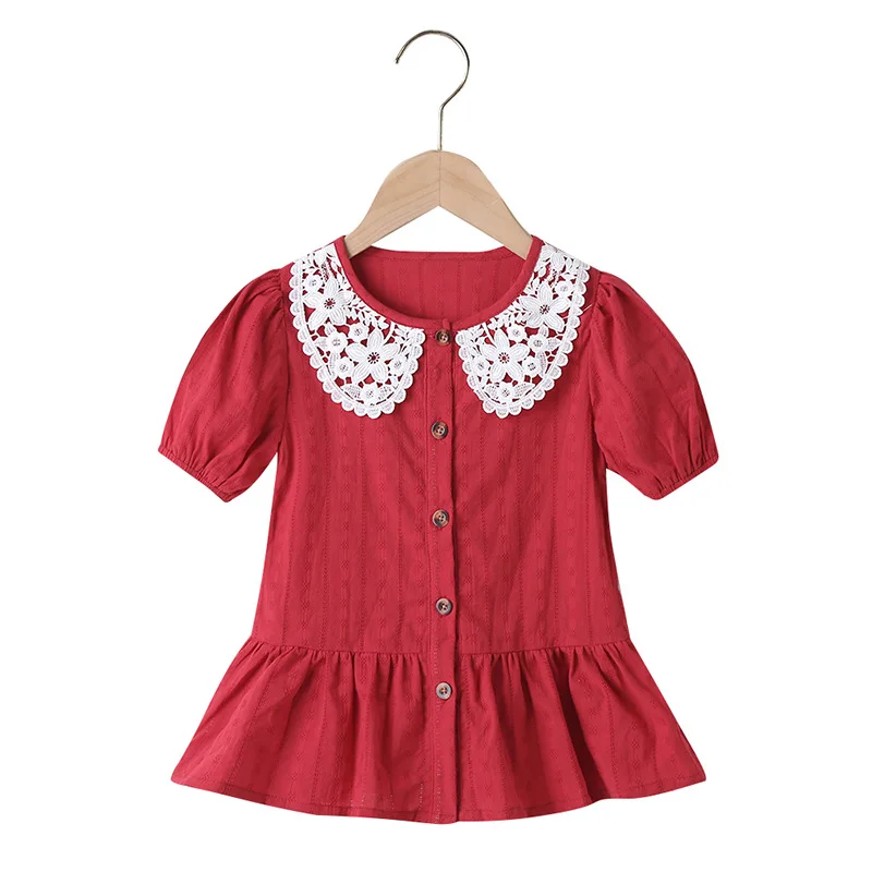 

Summer 2021 Girls Dress Girls Summer Dress Short Sleeve Lace Single Breasted Red Solid Bodycon Cute Dress Vestidos 18M-6T
