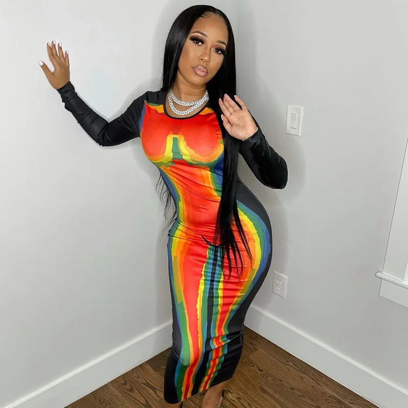 

SUJYing Autumn Women's New Fashion Personalized Printed Skirt Contrast Slim Long Sleeve Dress