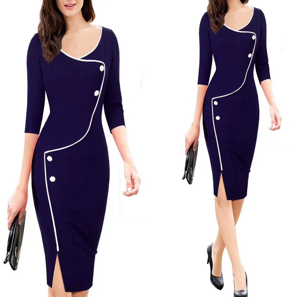 Dark Blue Осенние женские повседневные Pinup элегантные деловые винтажные облегающие платья-карандаш на пуговицах EB329 - Цвет: Dark Blue