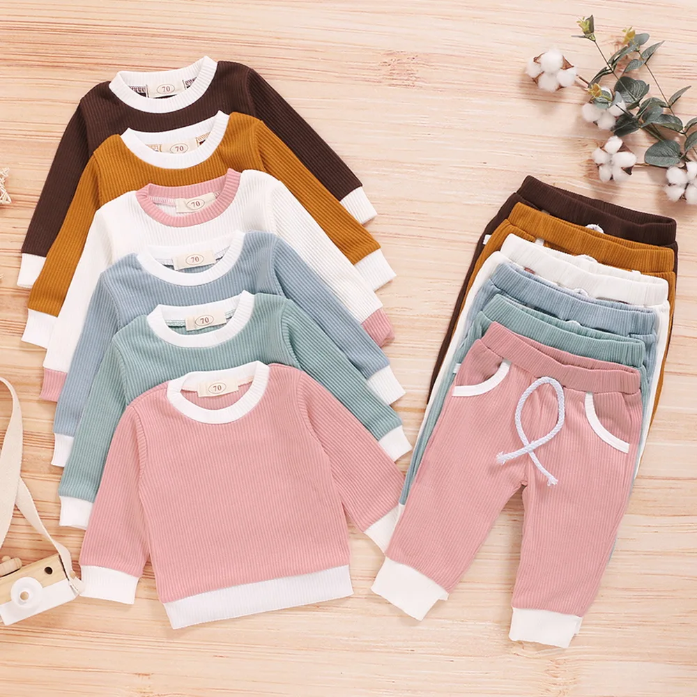 

2021 Newborn Baby Clothes Sets Kids Pit Bar Solid Multi-color Long Sleeve Outfits Baby Spring/Autumn Pockets Casual Clothing Set