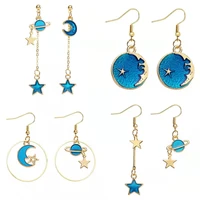 asymmetrical women blue earrings tassel starry planet pendant studs long simple creative drop earrings wedding girls ear jewelry