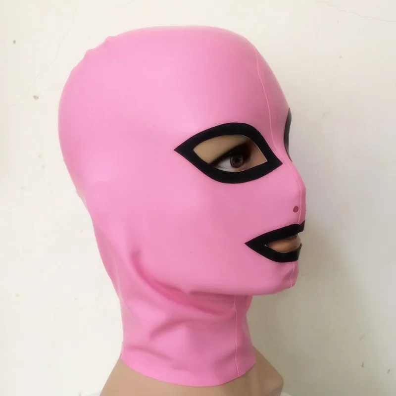 Латексная резиновая маска унисекс с розовой и черной отделкой капюшон задней
