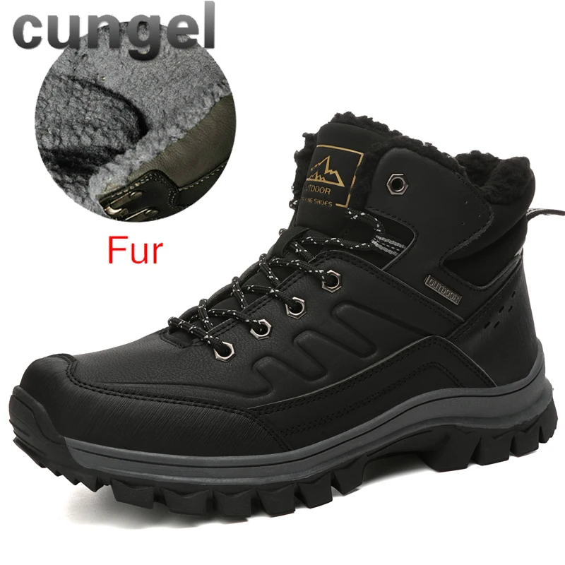 859-black CUNGEL/зимние теплые мужские ботинки; мужские зимние ботинки из натуральной кожи с мехом; водонепроницаемые рабочие ботильоны ручной работы; мужская обувь с высоким берцем - Цвет: 859-black