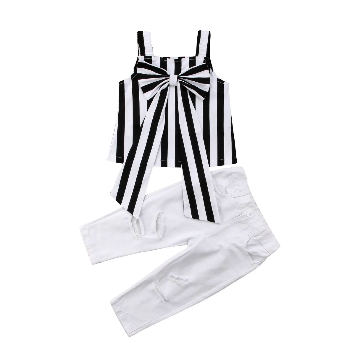 

The Most Fashionable Summer sleeveless black and white striped girl suit bow design + denim kids suit wholesale high quality