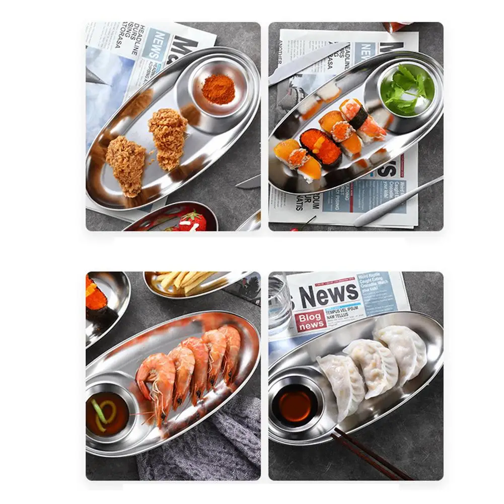 Stainless Steel Snack Plate Divided Grid Oval Sauce Western Fries Fried Chicken Tableware Kitchen Tools | Дом и сад