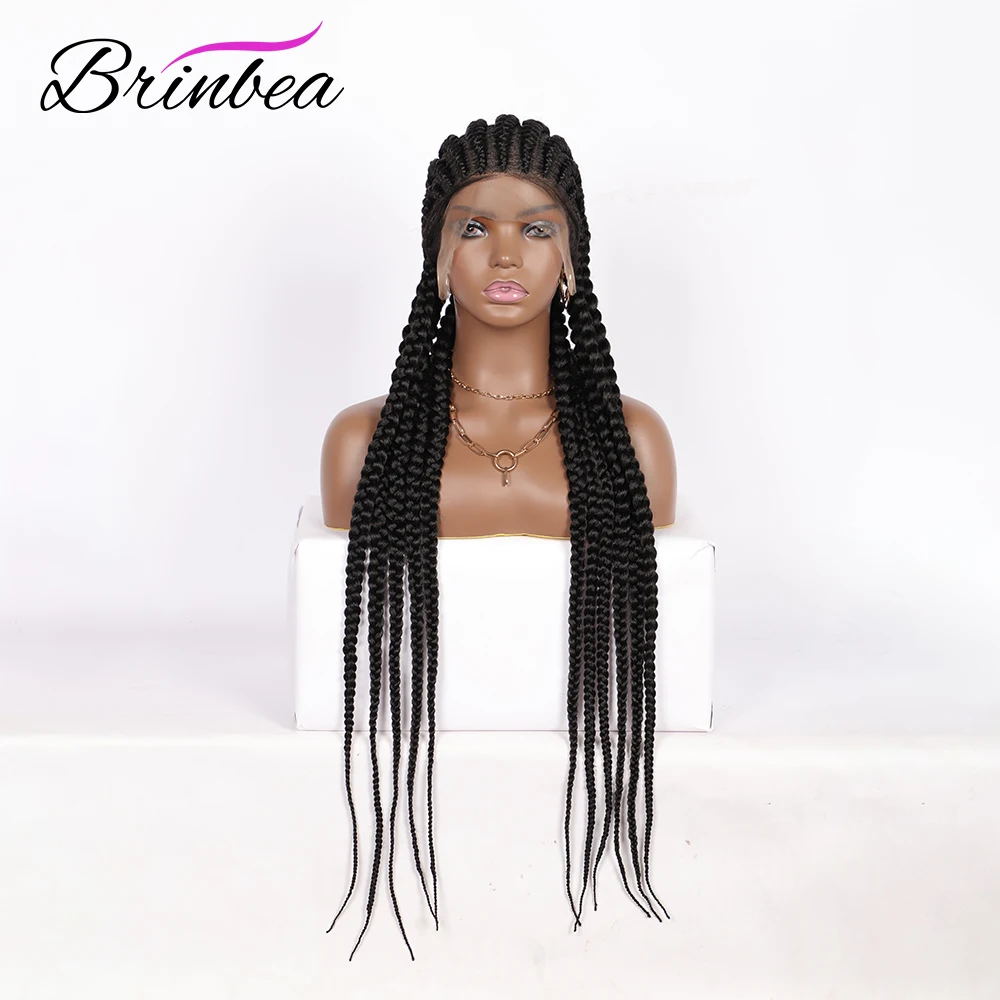 

Brinbea 35" Box Braided Wig Full Lace Front Wig Long Cornrow Synthetic 360 Lace Front Braids Hair Baby Hair For Black Women
