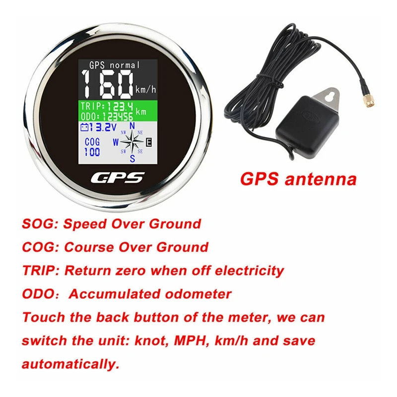 

85mm Smart GPS Speedometer Waterproof TFT Screen Digital Tachometer Odometer with GPS Antenna for Car Boat Motorcycle